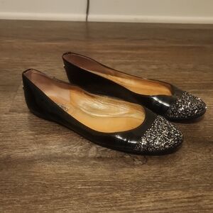 Jimmy Choo Black Patent Leather Silver Glitter Toe Ballet Flat Shoes Size 39.5
